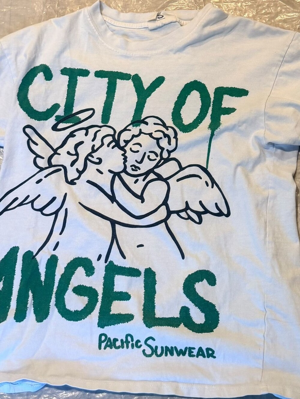 Pacific Sunwear White Tee with Green 'City of Angels' Graphic